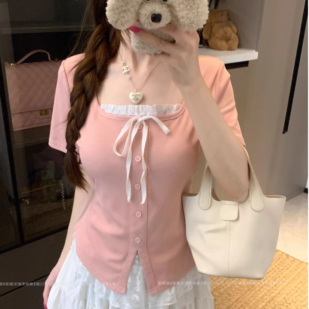 大码独特漂亮假两件短袖t恤女夏季2025新款胖mm宽松显瘦纯欲上衣