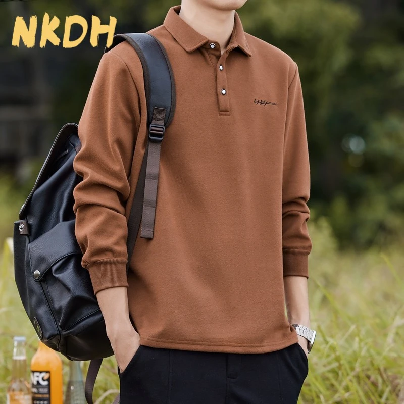 NKDH秋冬季男士长袖上衣翻领男装休闲 百搭Polo衫刺绣简约成