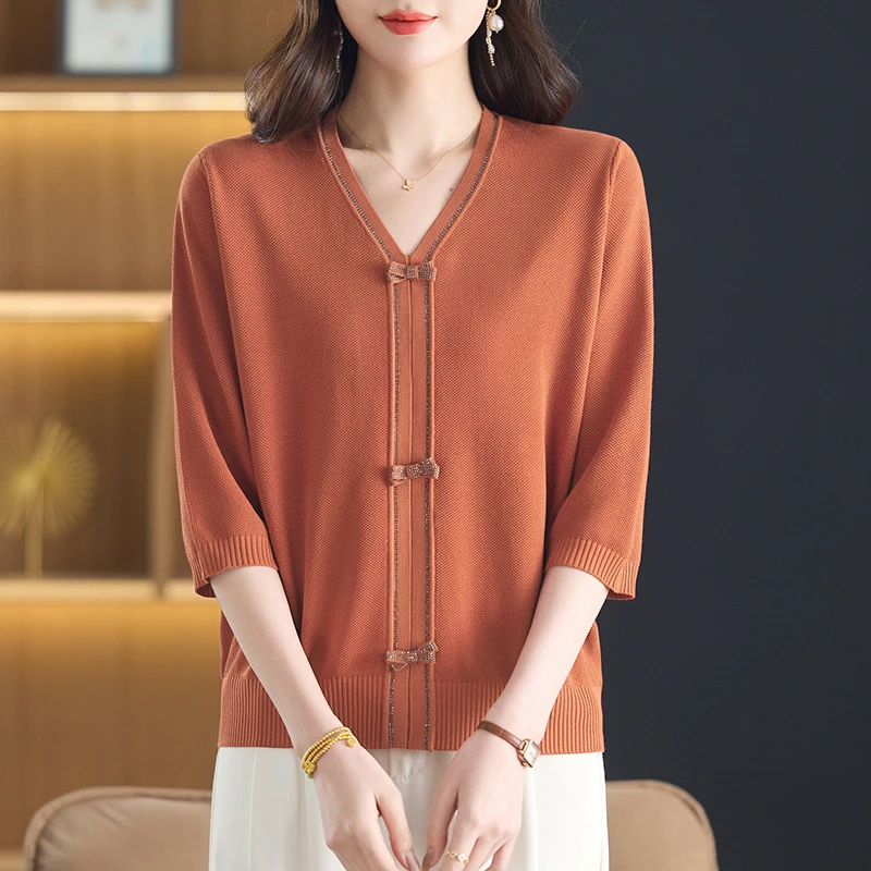 大码中袖t恤女七分袖上衣妈妈春装2025年新款高端春夏针织打底衫