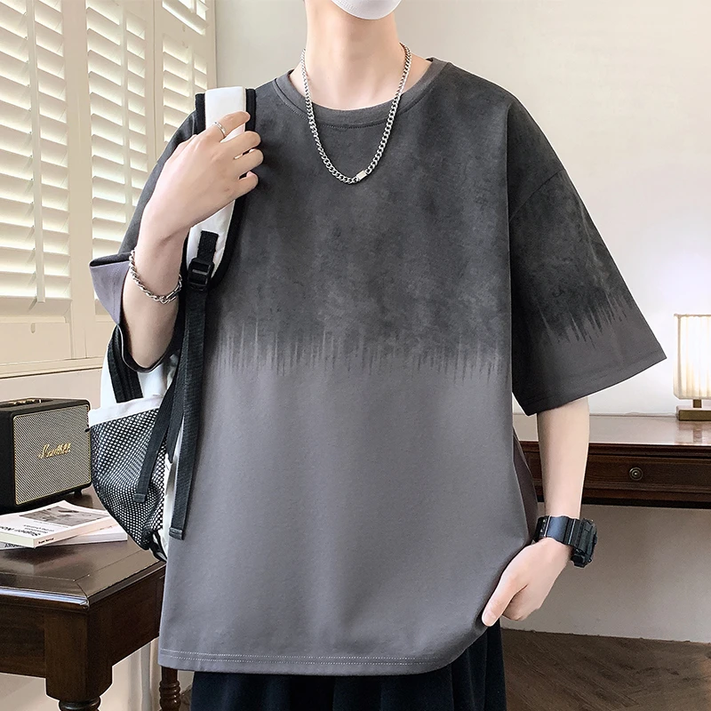 大码美式潮牌渐变撞色短袖t恤男夏季宽松加肥加大学生半袖体恤