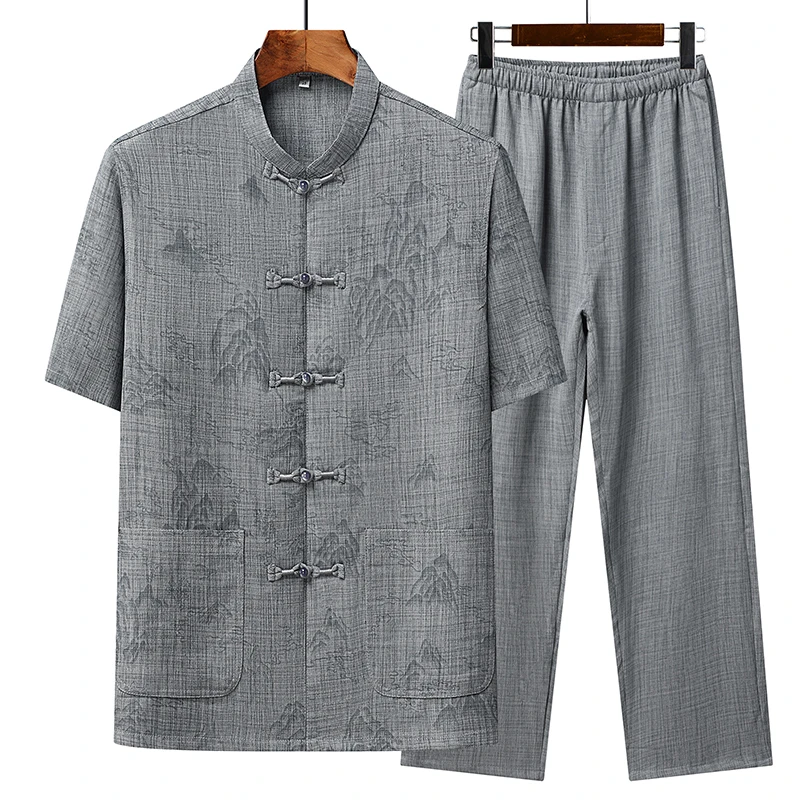 高端棉麻唐装套装中式复古男装夏天短袖中老年爸爸装时尚汉服新款
