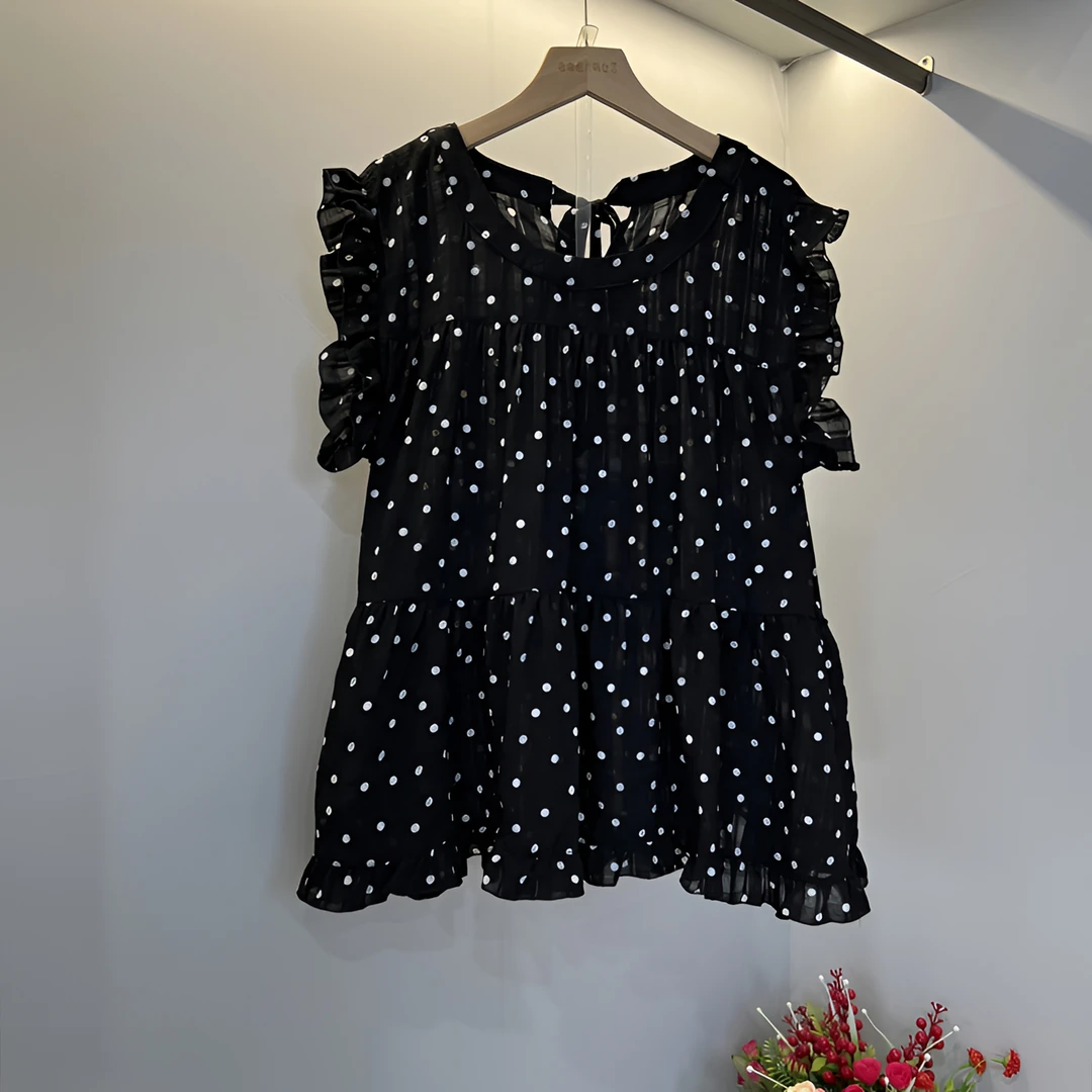 新款韩版美背系带设计圆领木耳边无袖洋气显瘦波点小衫