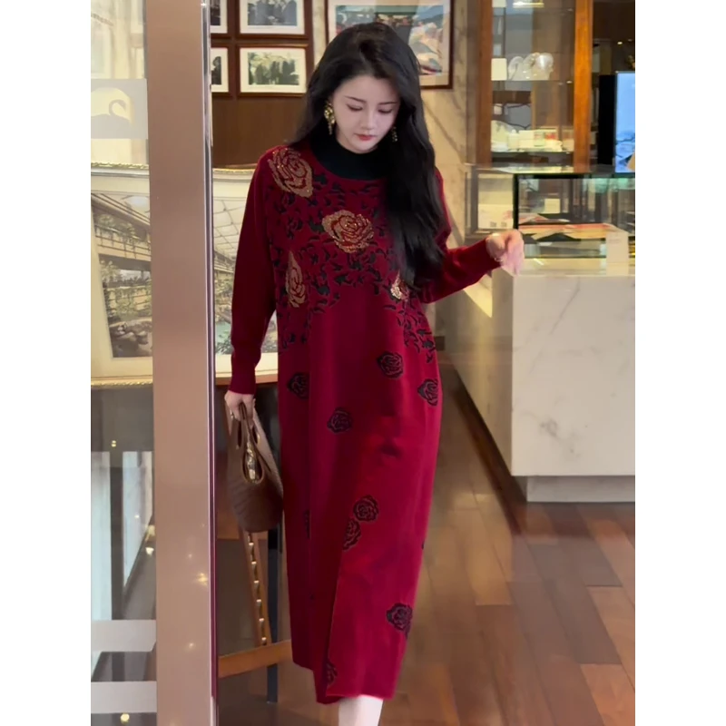 9315#时尚针织连衣裙女秋冬新款洋气遮肚长款配大衣打底毛衣裙