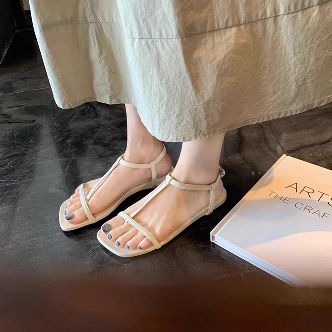 羊皮版~法式绝美凉鞋女夏季2025新款夹脚趾方头露趾一字带平底鞋