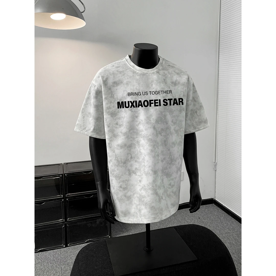 短袖夏季青少年扎染免烫圆领T恤休闲港风韩版简约宽松嘻哈印花