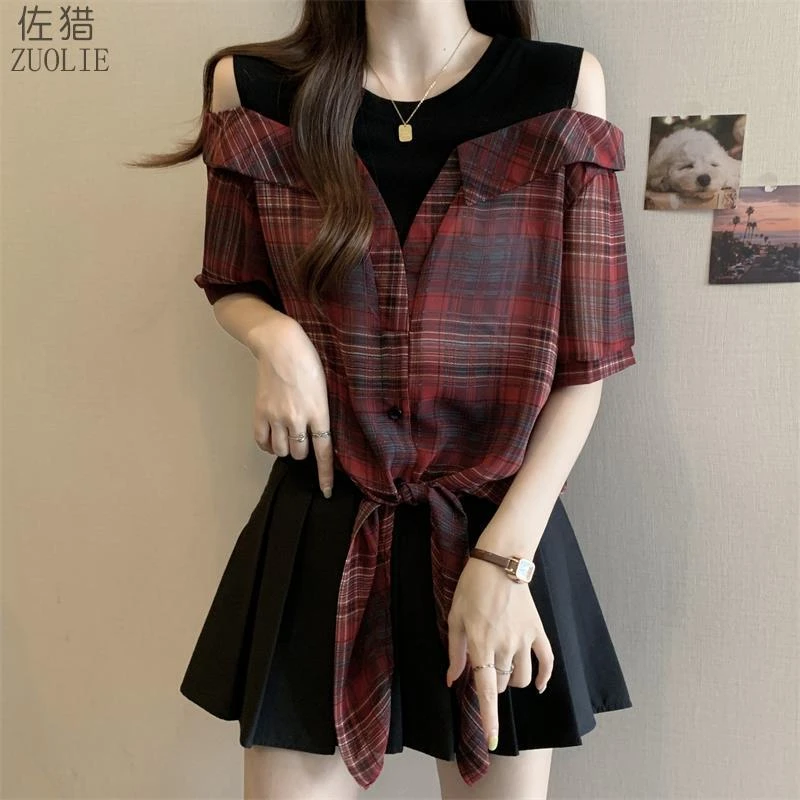 复古港风短袖格子衬衫女夏季大码胖mm显瘦时尚洋气假两件露肩上衣