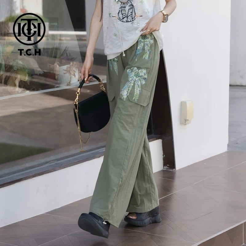 TCH私服烫钻工艺时尚休闲百搭蝴蝶结休闲裤女T75B20E5022轻奢tch