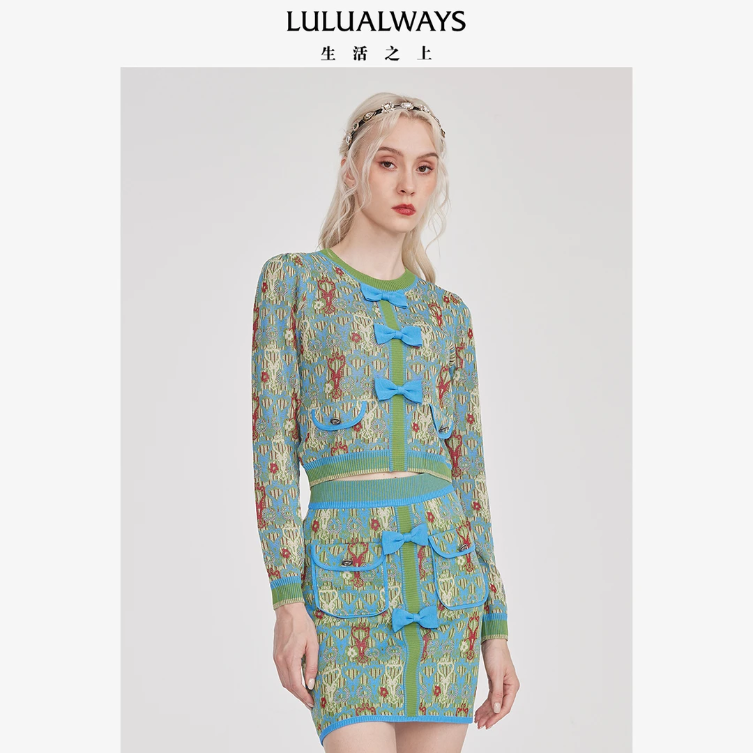 LULUALWAYS提花针织蝴蝶结撞色针织衫LNC0030