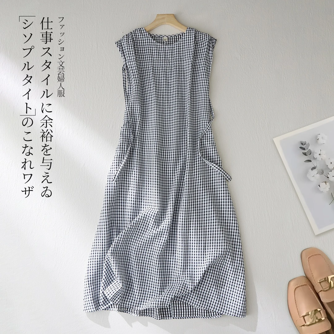 黑白格设计感抽褶腰带连衣裙女2025新款夏季慵懒宽松休闲裙子