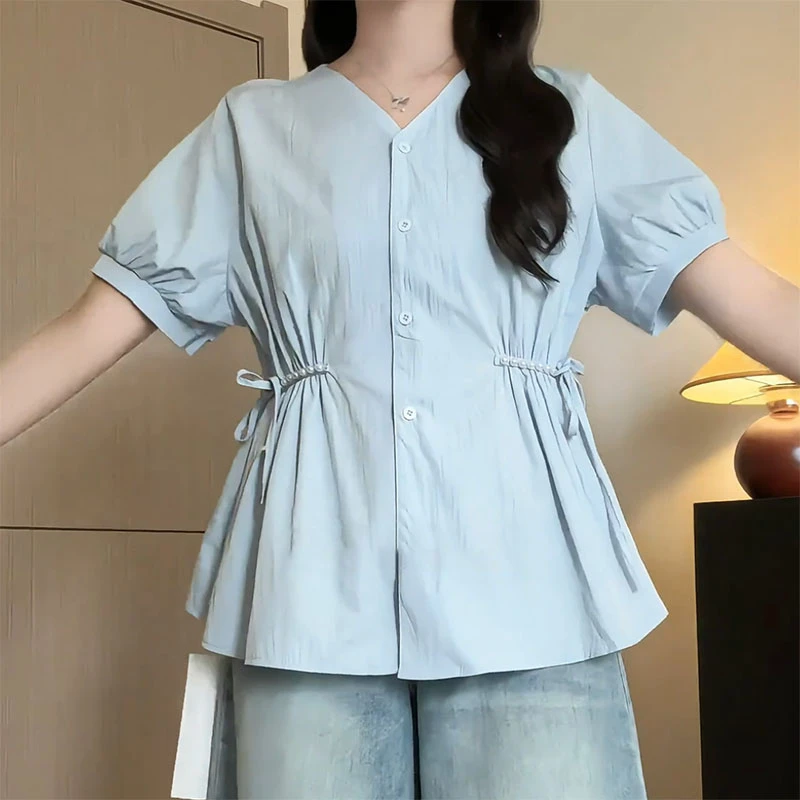 【8680】大码女装胖mm遮肚子显瘦V领短袖衬衫设计感小众气质上衣