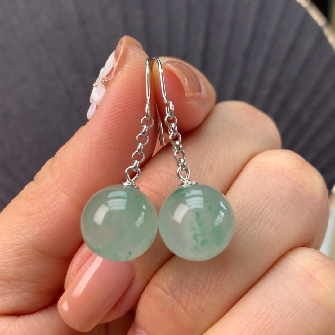 石英质玉（非洲翠）银S925镀金镶嵌冰飘花精品耳饰