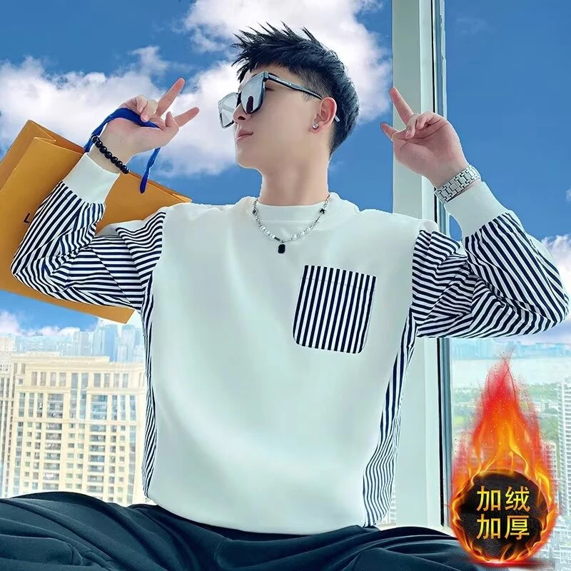 早秋男士条纹卫衣圆领条纹潮流打底衫男装长袖加绒加厚拼接设计感