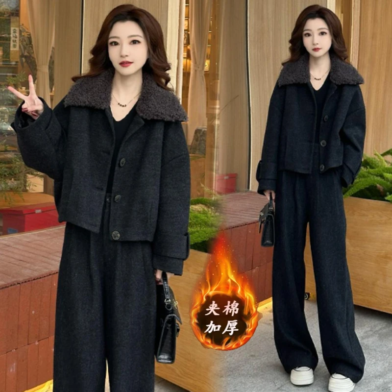 时尚毛呢套装女2025冬季新款洋气时髦加棉加厚短外套阔腿裤两件套