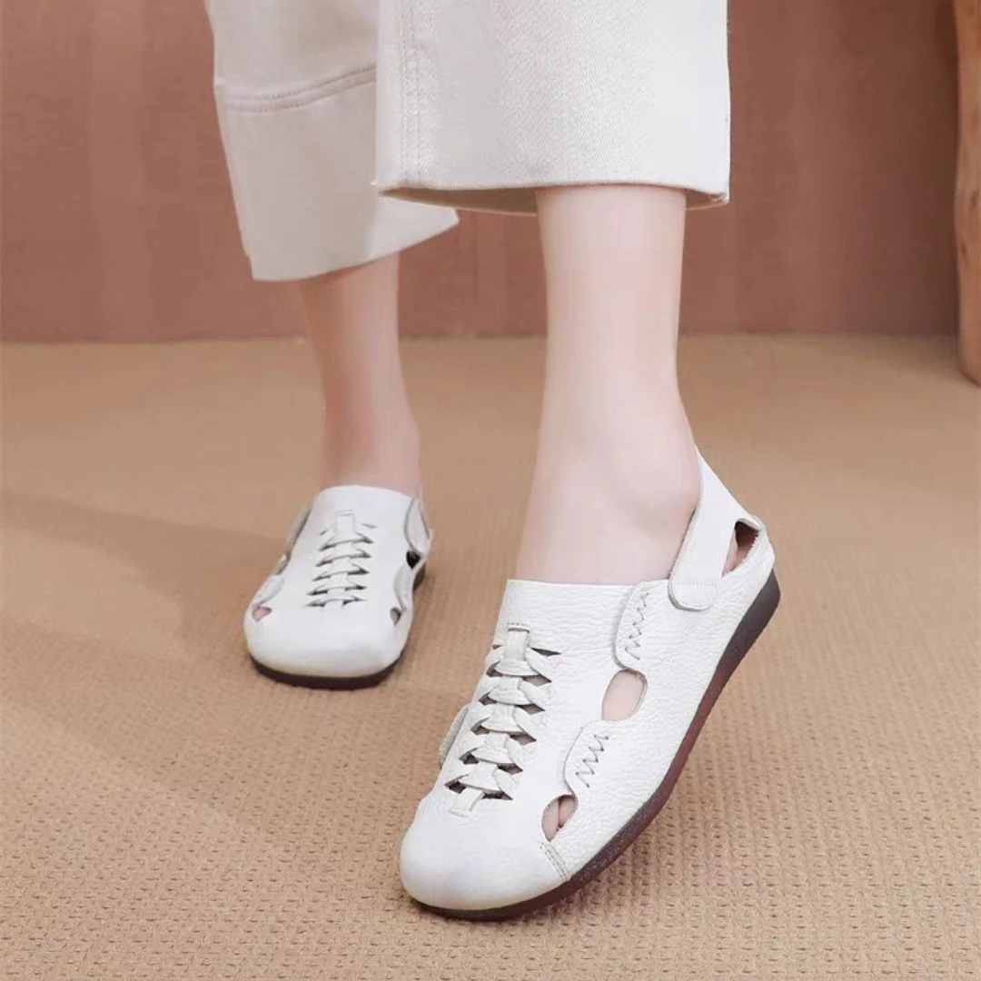 上海飞翎女鞋夏季真皮休闲凉鞋软底防滑复古平底洞洞鞋镂空妈妈鞋