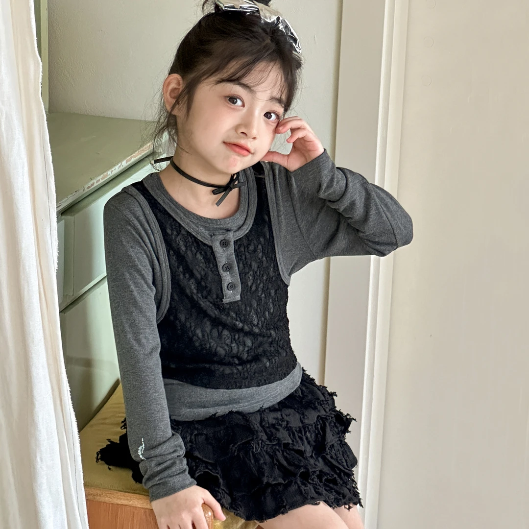 女童打底衫春秋款2025新款儿童洋气假两件长袖t恤中大童秋装上衣