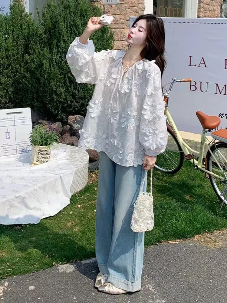小雅姐姐 【白色恋人】韩系甜美立体花朵灯笼袖减龄洋气衬衫IP60