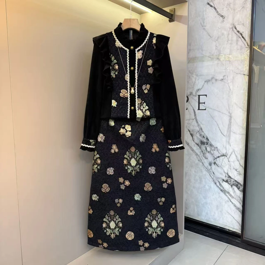 2025秋冬木耳边拼接高级洋气精致胖mm显瘦长袖上衣+裙子套装9157