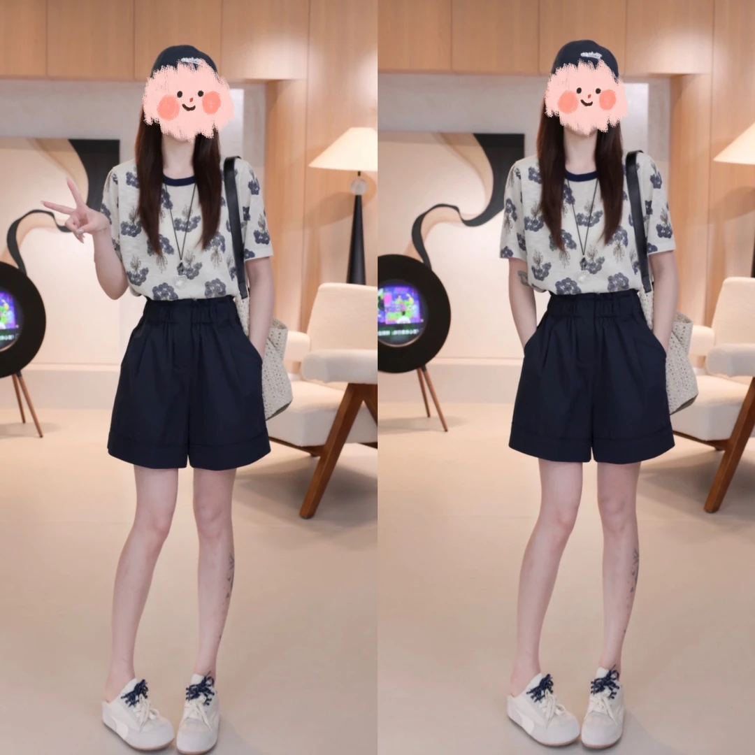 时尚撞色圆领夏天宽松慵懒花朵印花短袖针织衫上衣花苞裤两件套