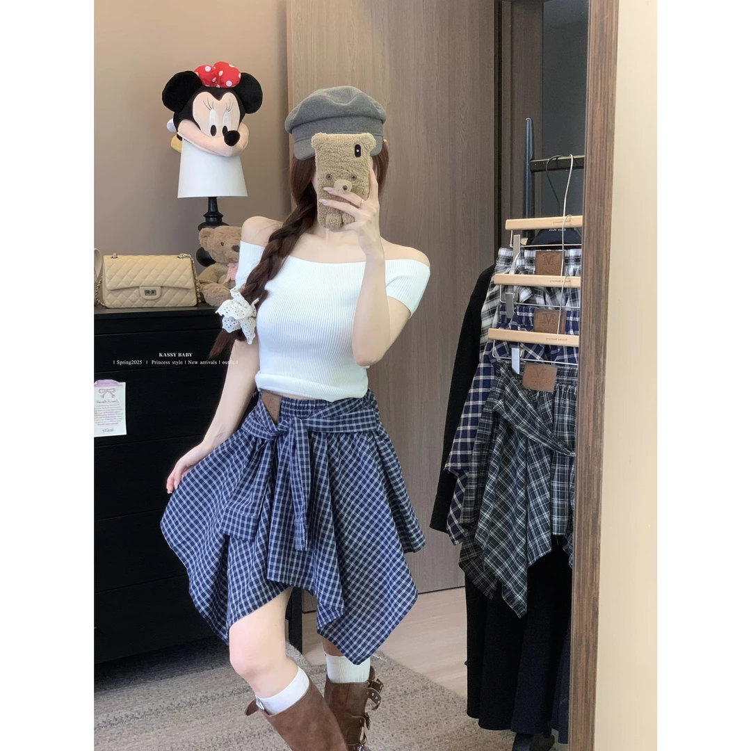 韩系复古设计感绑带格子裙小个子辣妹百搭高腰显瘦A字短半身裙潮