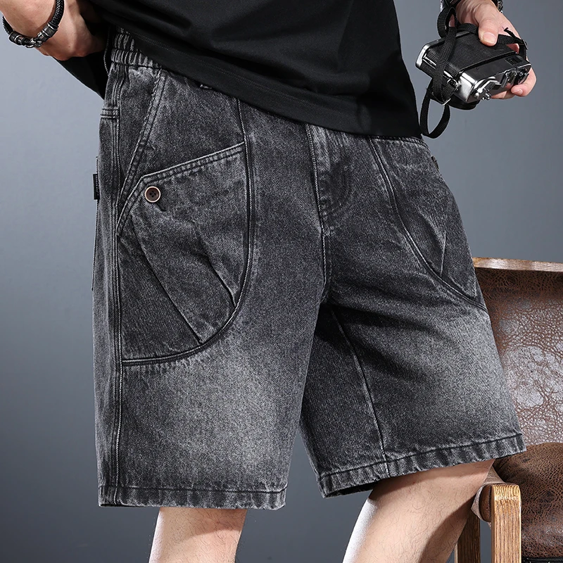 高端重磅牛仔短裤男夏季水洗做旧美式复古五分裤宽松潮流工装中裤