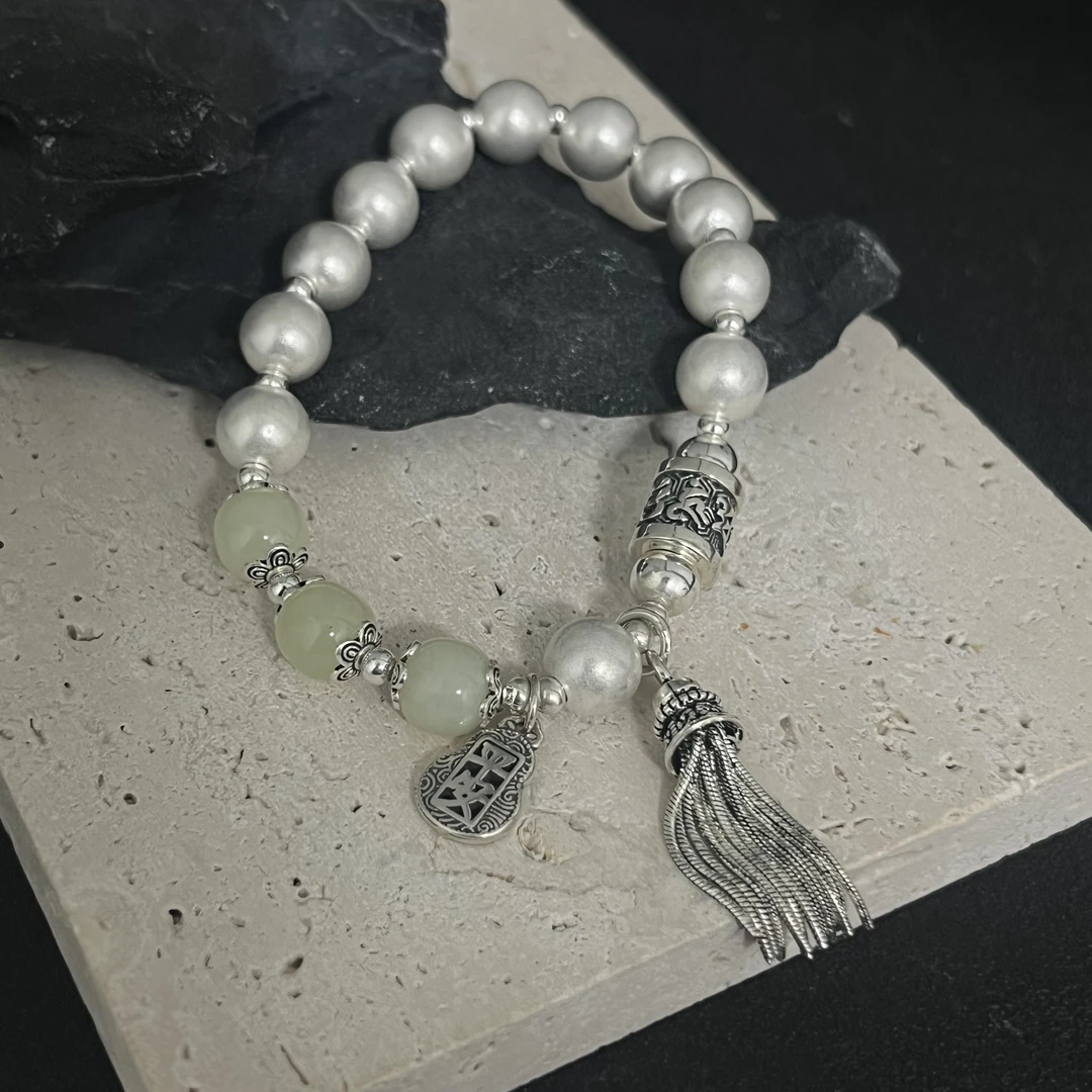 925银手链 哑光古法平安葫芦银珠流苏坠手串C81657国潮时尚