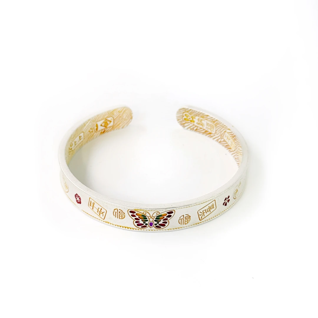 足银手镯 足银999.9新中式描金珐琅彩蝴蝶手镯开口百搭首饰