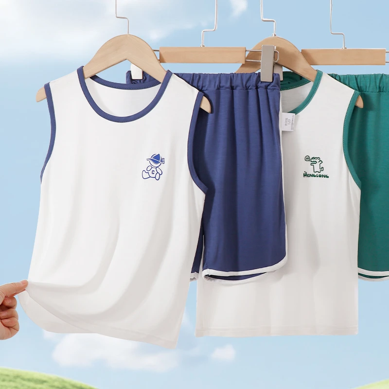 汇品达儿童优可丝背心套装夏季薄款男童无袖短裤两件套女童吊带