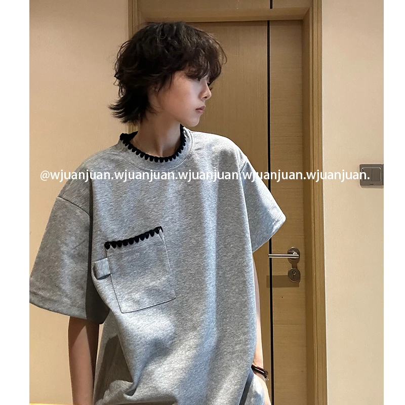 『WJUANJUAN』美式休闲老钱风贝壳刺绣重磅高级感男女圆领短袖T恤衫