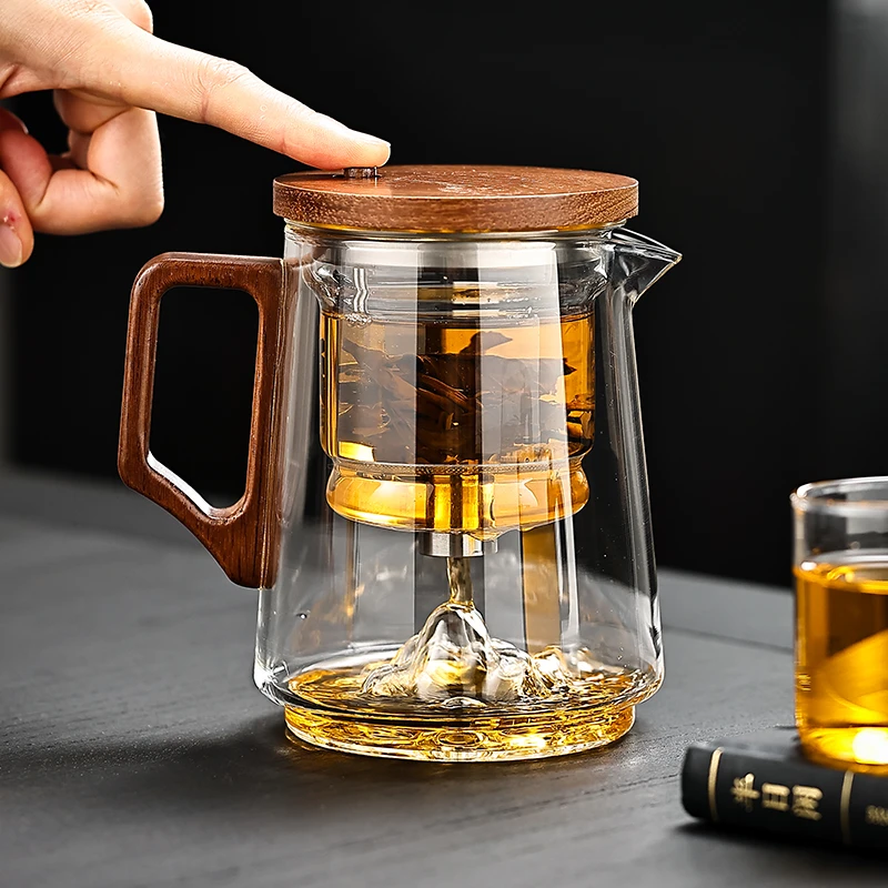 木把观山飘逸杯泡茶壶茶水分离玻璃内胆按压式过滤泡茶杯冲茶器