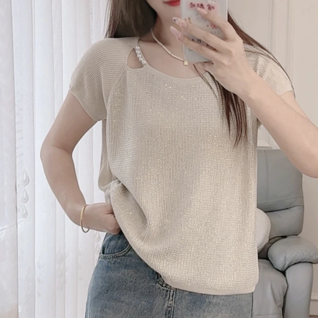 夏新款时尚钉珠镂空冰丝针织衫短袖女宽松遮肚子显瘦百搭气质上衣