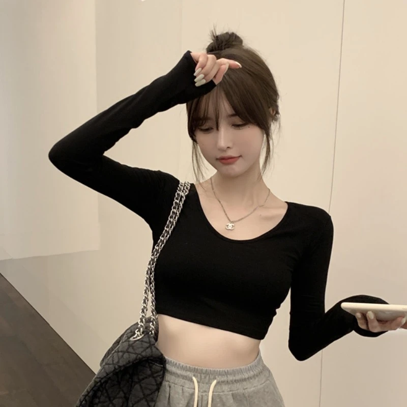 美式高腰长袖T恤女春秋薄款V领显胸紧身甜辣短款小上衣内搭打底衫