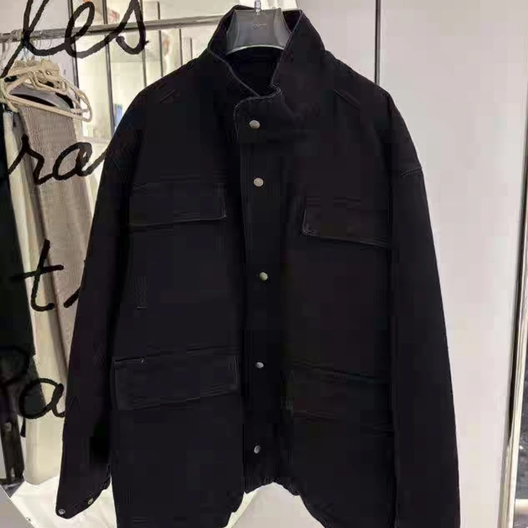 7045诗歌兰女装2025冬款黑色时尚复古做旧黑色口袋工装棉牛仔外套