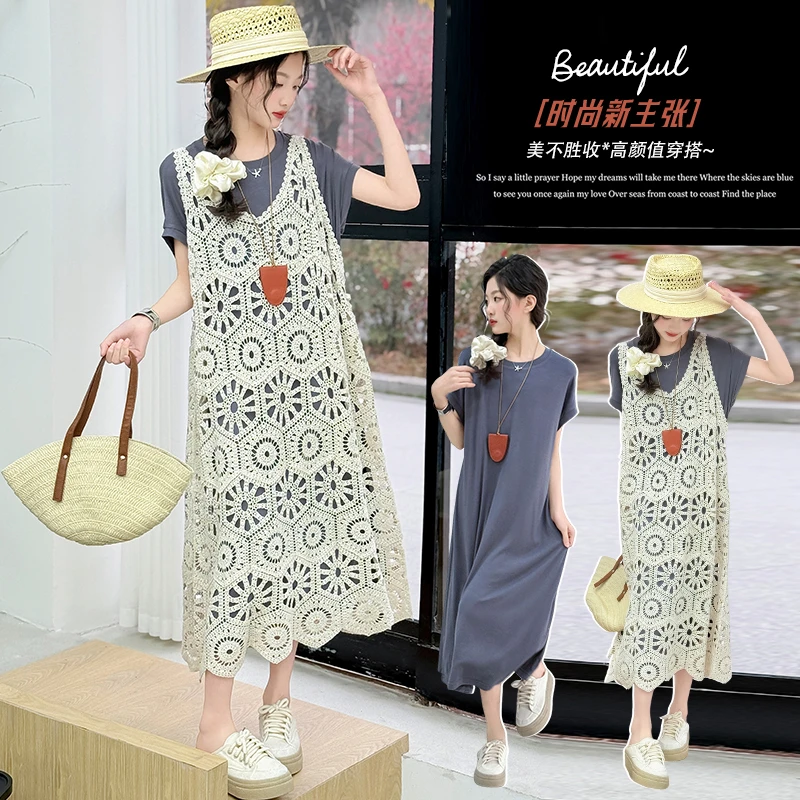 女童法式缕空针织吊带连衣裙套装2025夏季新款高级感复古两件套