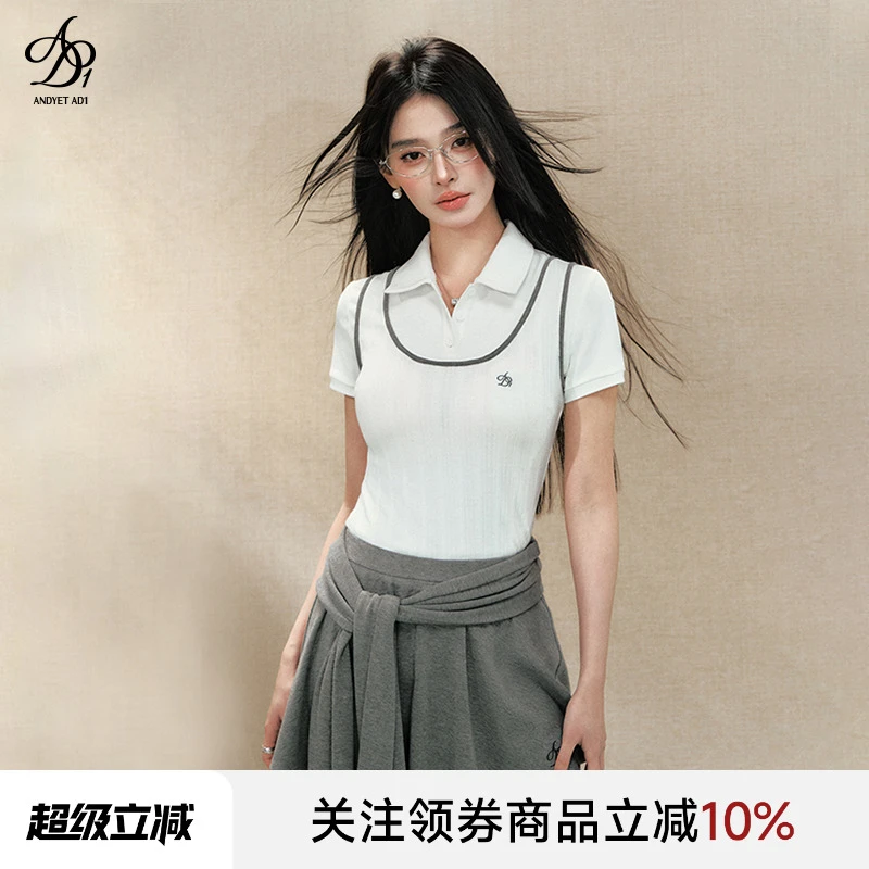 ANDYET AD1假两件POLO衫针织背心T恤学院网球风收腰ADTX25B111069
