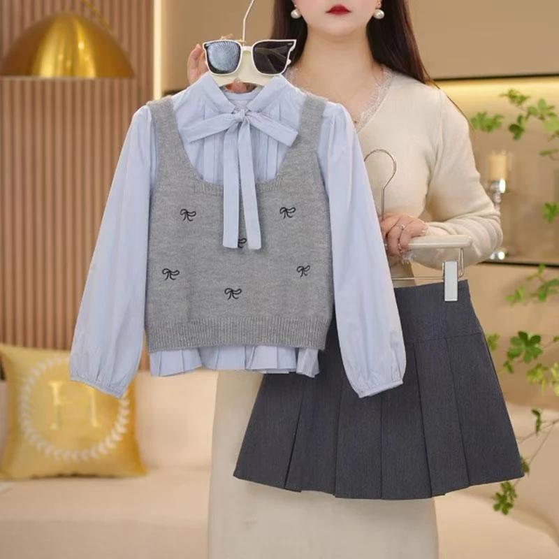 女童2025春季新款韩版中大童蝴蝶结针织马甲衬衫百褶裙休闲套装