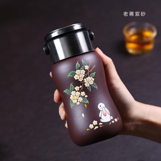 宜兴紫砂 高端矿料紫罗兰 手绘玉桂兔 车载杯 （赠杯套）