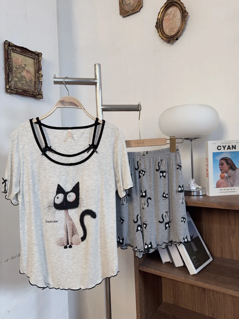 猫咪短袖~带胸垫卡通薄款女士夏套装~H006