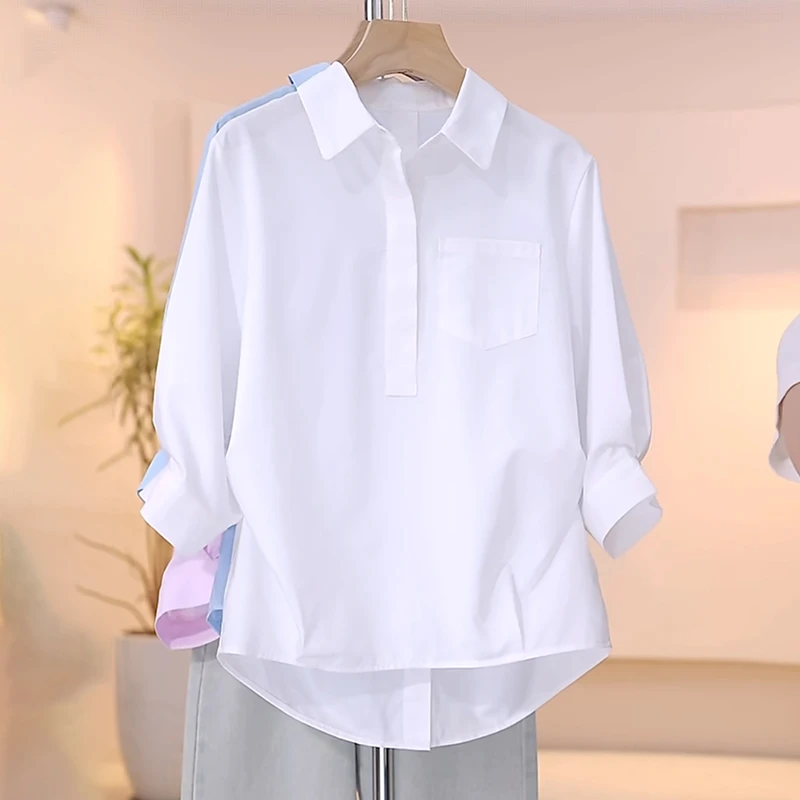 法式气质白色polo领衬衫女早秋2025新款休闲宽松设计后背开叉上衣