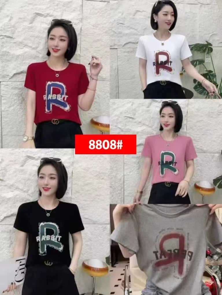 夏季字母烫钻气质显瘦圆领短袖修身女士上衣（8808）洋气半袖时尚