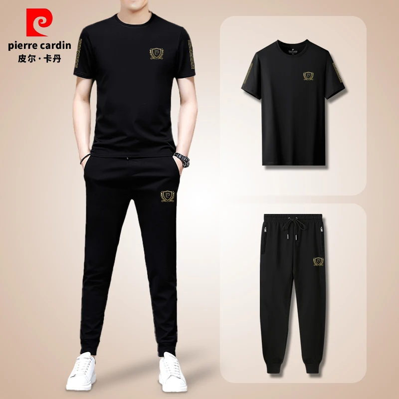 皮尔卡丹休闲运动套装烫钻运动薄款夏季莫代尔短袖男轻奢休闲潮流