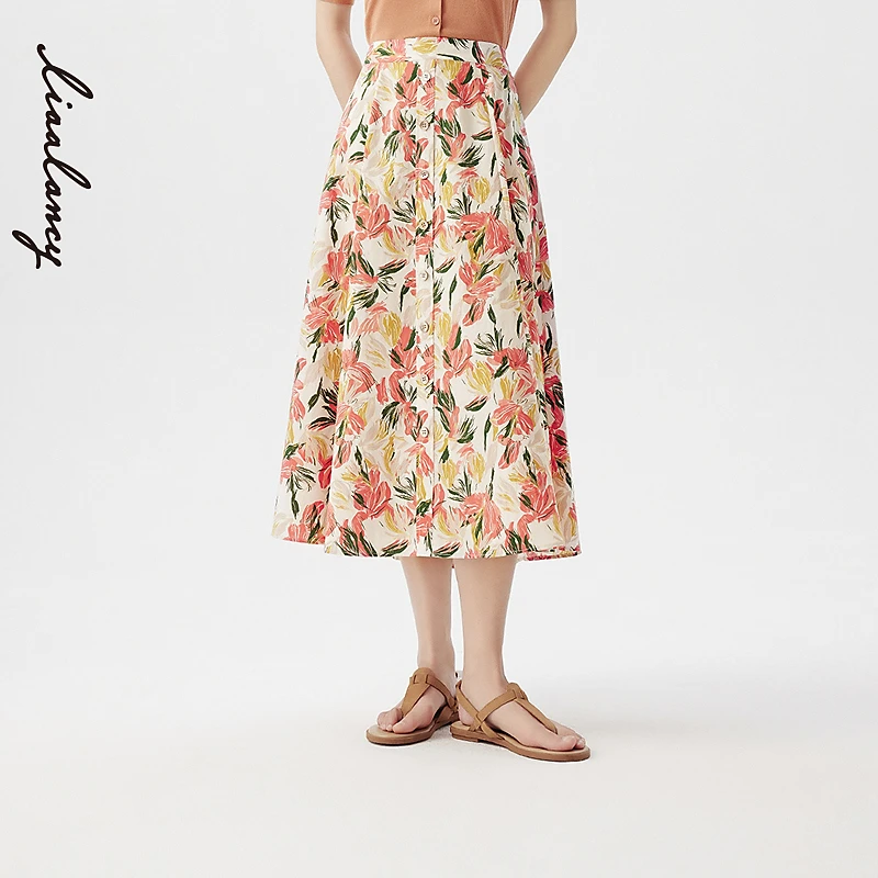 【专柜同款】法式油画印花高腰A字度假风纯棉半身裙女