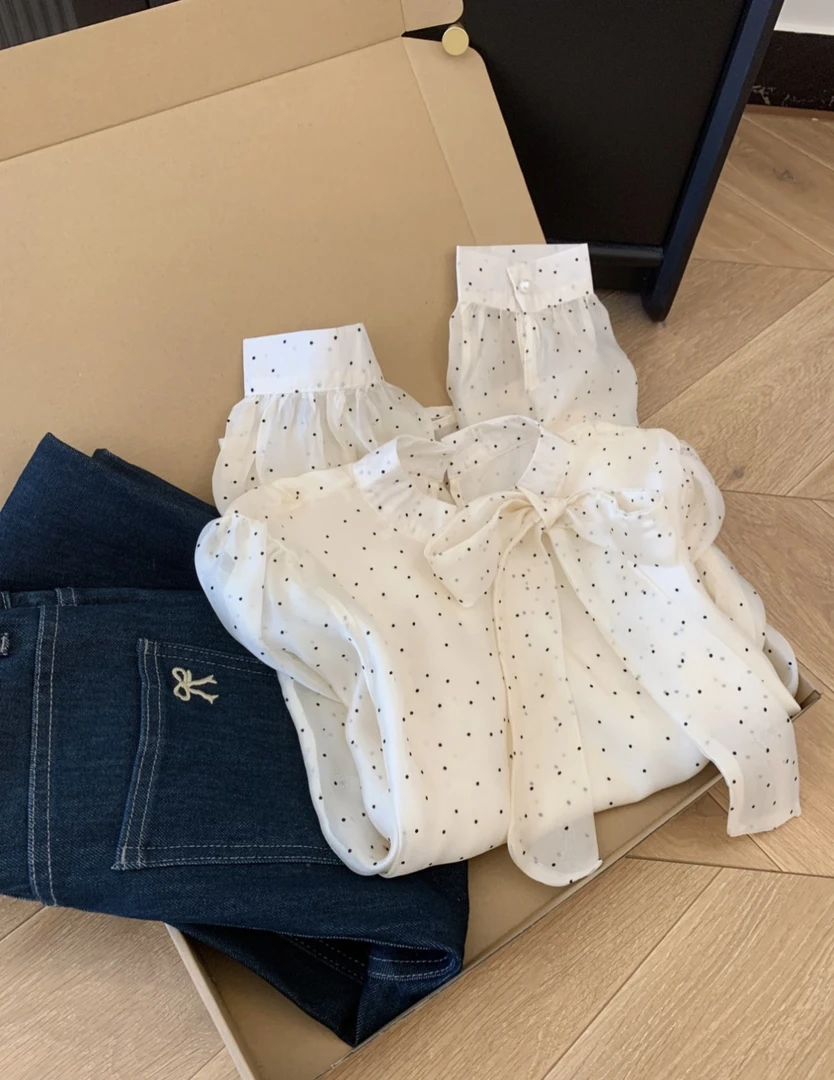 法式波点蝴蝶结绑带雪纺薄款衬衫女2025春夏新款气质宽松长袖上衣