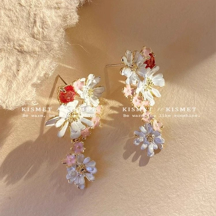 合金耳饰 法式花朵流苏耳环2025新款小众高级感耳钉设计感耳饰女