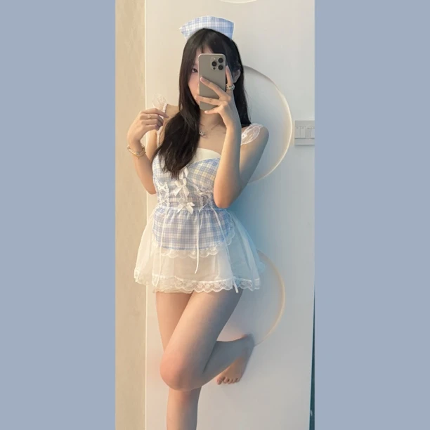 【白月光】吊带格纹小清新温柔纯欲网纱小礼服