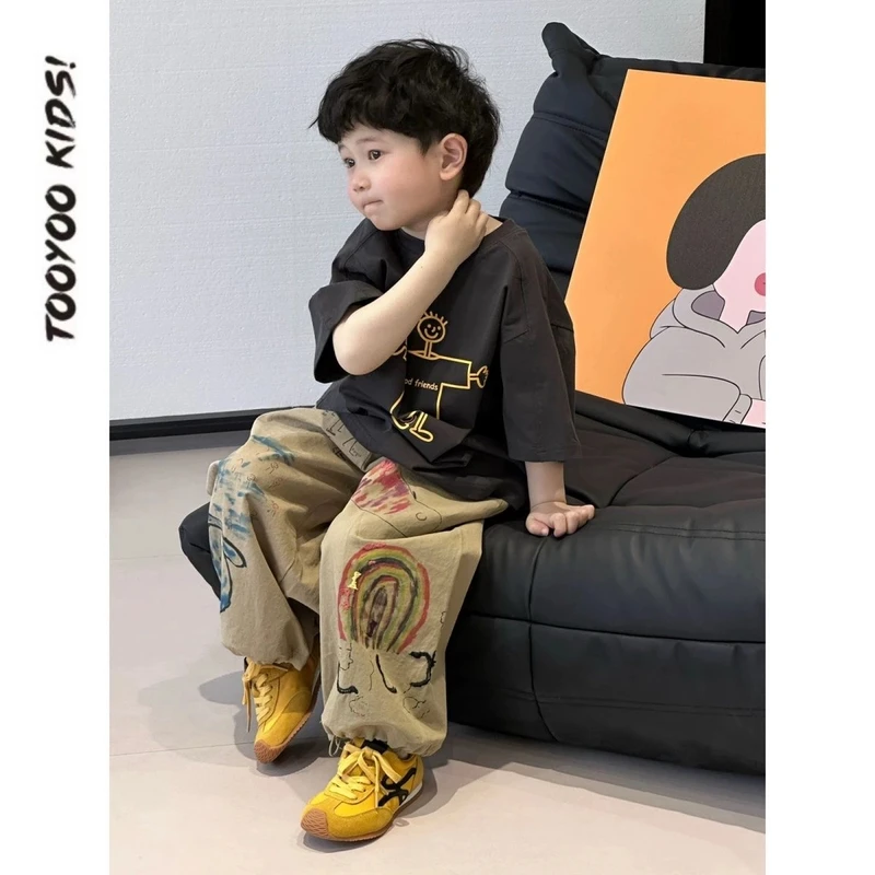 男童套装205夏季新款儿童短袖T恤涂鸦长款防蚊裤休闲洋气宽松黑色