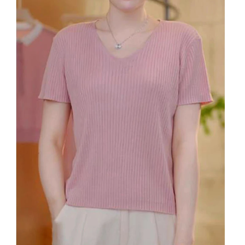 时尚通勤简约纯色t恤高级感小众夏季新款短袖百搭气质温柔针织衫