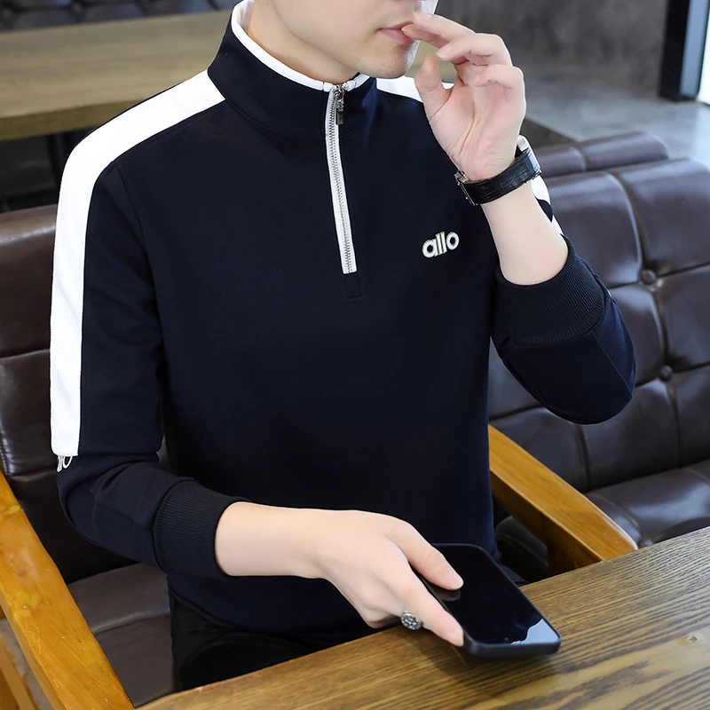 高档拼色立领卫衣男士秋季新款时尚刺绣套头衫百搭潮流男休闲上衣