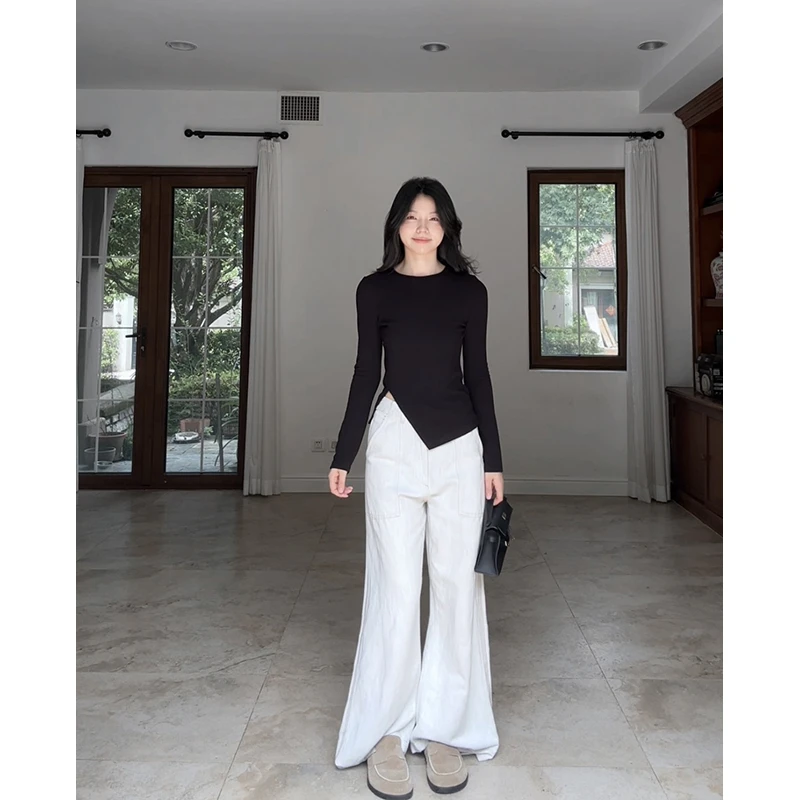 郭九九呢 气质正肩袖修身显瘦开衩长袖T恤直筒阔腿裤 G925Y13150