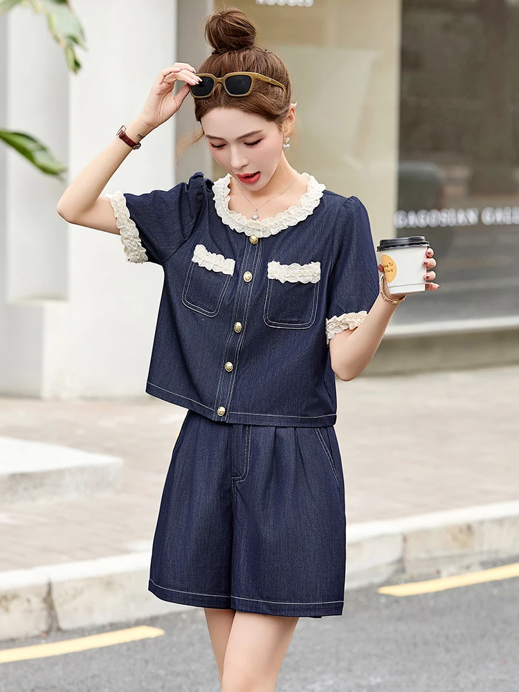 甜美花边时尚牛仔套装女韩版2025夏季薄款漂亮短裤子两件套936