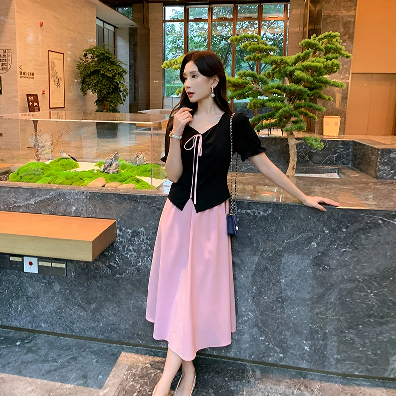 奢姿2025年夏季新款大码女装收褶方领裙子胖妹妹撞色假两件连衣裙